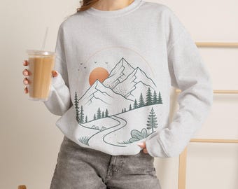 Minimal Mountain Landscape Crewneck Sweatshirt | Sunset Pines