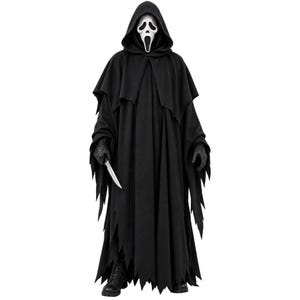 May include: A full-length black hooded robe with jagged, tattered edges at the hem and sleeves. The costume includes a white mask with an elongated, screaming expression featuring black eye sockets and a mouth, paired with black gloves and a silver knife.