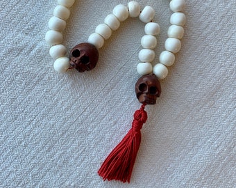Three Decade White Bone and Carved Wood Skulls Beads Rosary With a Silk Tassel, Paternoster
