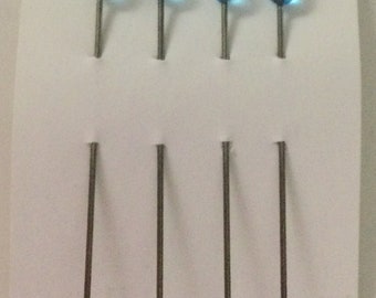 Medium Blue Transparent Glass Topped Veil Pins with Steel Shanks