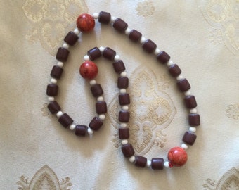 Three Decade Copal Amber, Coral, and White Bone Beads Rosary, Paternoster