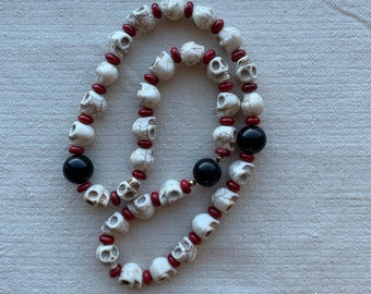 Three Decade White Ceramic Skulls and Red Coral and Black Onyx Beads Rosary, Paternoster
