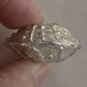 May include: A silver, irregularly shaped, metal pendant with a textured surface.