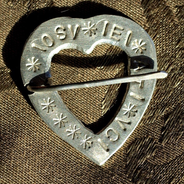 Pewter Heart Brooch with "Here I am Yours" in 14th c French