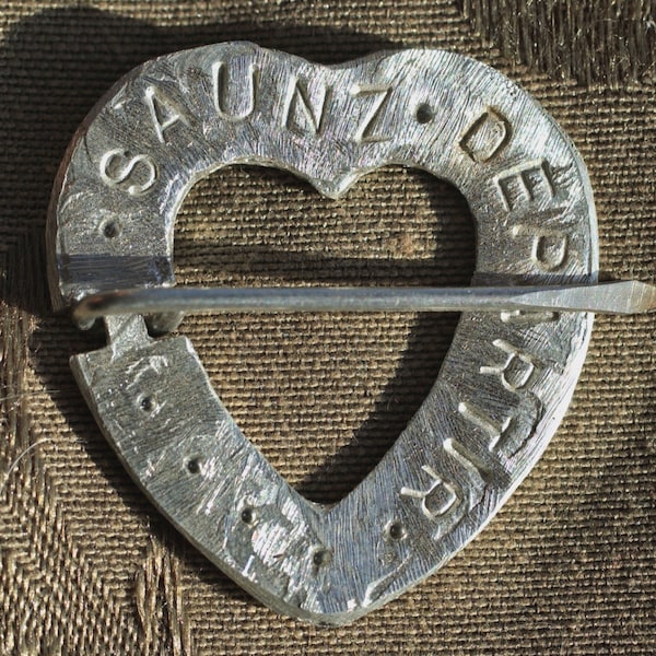 Pewter Heart Brooch with " All my love is yours" in 14th c French