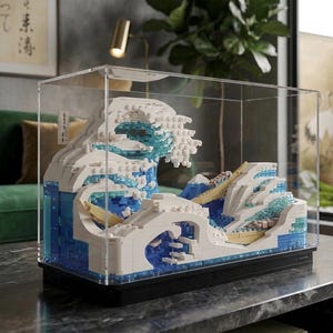 Könnte beinhalten: Ein Bausteinmodell einer großen Meereswelle mit weißen Schaumkronen und blauem Wasser, eingeschlossen in einer rechteckigen, transparenten Acrylvitrine. Das Modell enthält beigefarbene Boote und ein kleines vertikales Schild mit japanischen Schriftzeichen.