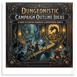 Könnte beinhalten: Ein Buchcover mit dem Titel Dungeonistic Campaign Outline Ideas: A Guide to Creating Immersive & Adventurous Quests. Das Bild zeigt eine Fantasy-Szene mit einem Drachen, einem Ritter, einem Zauberer, einem Bogenschützen und einem Zwerg.