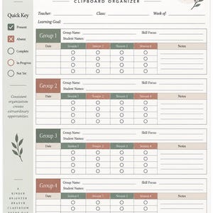 May include: A Small Group Data Tracker clipboard organizer sheet with a light gray sidebar containing a Quick Key for attendance and progress. The main section features four group tracking tables with rows for dates, sessions, and notes in muted green and pink.