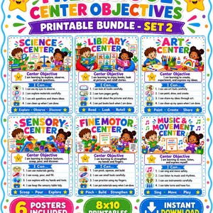 Op de afbeelding: Een printbare set van zes educatieve posters getiteld Preschool Center Objectives Set 2. Elke poster bevat kleurrijke illustraties van kinderen in specifieke leergebieden: Wetenschap, Bibliotheek, Kunst, Sensorisch, Fijne motoriek en Muziek en Beweging.