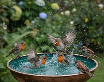 Hand-Hammered Copper Bird Bath Bowl | Dark Antique Finish, Garden Centerpiece