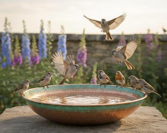 Gehamerd koperen vogelbad met natuurlijke ombré-afwerking — warmgouden binnenkant met een groene patina-rand. Engelse cottagetuinstijl. Antimicrobieel.