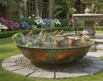 Cuenco de cobre para pájaros con pátina verde martillada / Centro de mesa de lujo para jardín