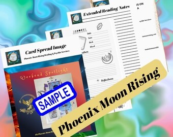 Puede incluir: Una colección de hojas de trabajo impresas para lectura de tarot con el texto Card Spread Image, Extended Reading Notes y Weekend Spotlight. Las páginas incluyen secciones para fechas, nombres de mazos y reflexiones, con un sello azul SAMPLE.