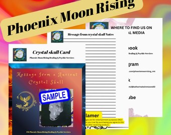 Puede incluir: Un conjunto de tarjetas informativas tituladas Phoenix Moon Rising, que incluye una tarjeta Crystal Skull con un logo de fénix, una tarjeta Message from a Crystal Skull con una imagen de muestra y una página rayada con enlaces sociales.
