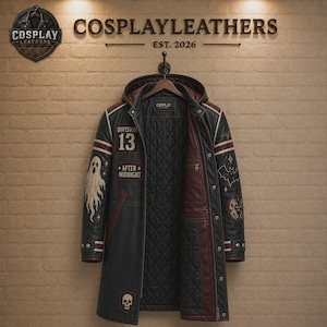 May include: A black leather hooded coat featuring a quilted interior lining, a Division 13 patch, and an After Midnight patch. The exterior displays a ghost graphic on the right sleeve, a bat and circular emblem on the left, and a skull patch at the hem.