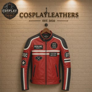 May include: A red and black leather jacket featuring a mandarin collar, a full-length front zipper, and various patches including Redline Supply, Open Road Crew, Custom Motors, a checkered flag, a star, and the number 07 on the sleeves and chest.
