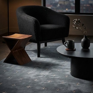 Alfombra de lana azul, alfombra moderna hecha a mano, alfombra con estampado geométrico de cruz, alfombra contemporánea para sala de estar, decoración del hogar para dormitorio.