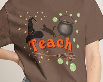 Witchy Teach T-shirt | Halloween teacher design, cauldron broom hat