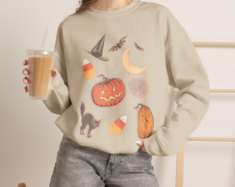 Halloween Icons pumpkin witch hat black cat candy corn sweatshirt | spooky fall symbols