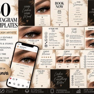 Peut inclure: Un ensemble de 30 modèles Instagram pour stylistes de cils avec des tons noirs et beiges et des motifs d'herbe de la pampa. Les modèles incluent du texte pour les services, les conseils d'entretien, les avis clients et la réservation, modifiables sur Canva.