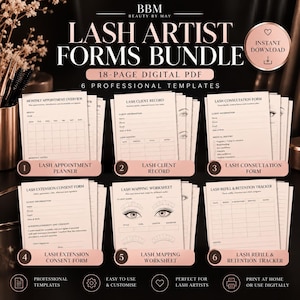 May include: A digital bundle of 18-page lash artist forms featuring 6 professional templates including a monthly appointment planner, client record, consultation form, extension consent form, mapping worksheet, and a refill and retention tracker.