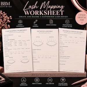 May include: A three-page digital PDF lash mapping worksheet set by Beauty By May. The pages feature sections for client information, eye and lash assessment, detailed lash map diagrams for left and right eyes, and a technical design record for lash parameters.