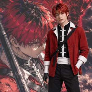 May include: A red jacket with white cuffs and collar worn over a black shirt with white frog closures, paired with black trousers and a black crossbody strap. The outfit is displayed against a backdrop featuring an anime-style illustration of a character.