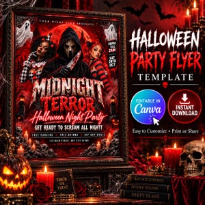 May include: A Halloween party flyer template featuring a dark, horror-themed design with a masked figure holding a knife, two women in costumes, ghosts, and skulls. The text reads Midnight Terror, Halloween Night Party, and Get Ready To Scream All Night.