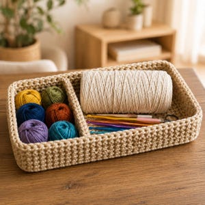 Puede incluir: Una cesta rectangular de ganchillo beige que contiene un carrete grande de hilo color crema, seis ovillos pequeños de colores amarillo, verde, azul, naranja, morado y turquesa, y un juego de cuatro ganchillos de metal en varios colores.