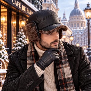 May include: A black leather baseball cap with brown faux fur ear flaps and lining, a cream-colored cable knit sweater, a black and brown plaid scarf, and black leather gloves. The cap features a structured crown and a curved brim.