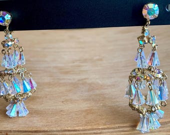 Vintage Aurora Borealis Crystal Chandelier Earrings Clip On Statement Dangle 2.5”