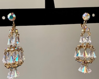 Vintage Aurora Borealis Crystal Chandelier Earrings Clip On Statement Dangle 2.5”