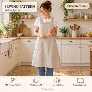 Könnte beinhalten: Eine beige Schürze mit breiten Schulterträgern und zwei Vordertaschen. Der Text auf dem Bild lautet: SEWING PATTERN Willow Apron, Sizes XS to 3XL, PDF Sewing Pattern, A4, Letter & A0, Layered Sizes, Illustrated Steps, HarisDigitalCrafts.