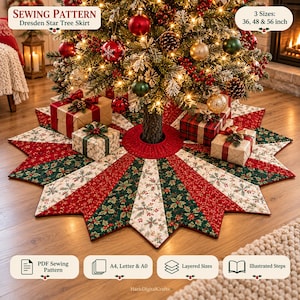 Tree Skirt Sewing Pattern PDF, Dresden Star Quilted Christmas Tree Skirt, 16 Point Patchwork, 36 48 56 inch, Beginner Quilt