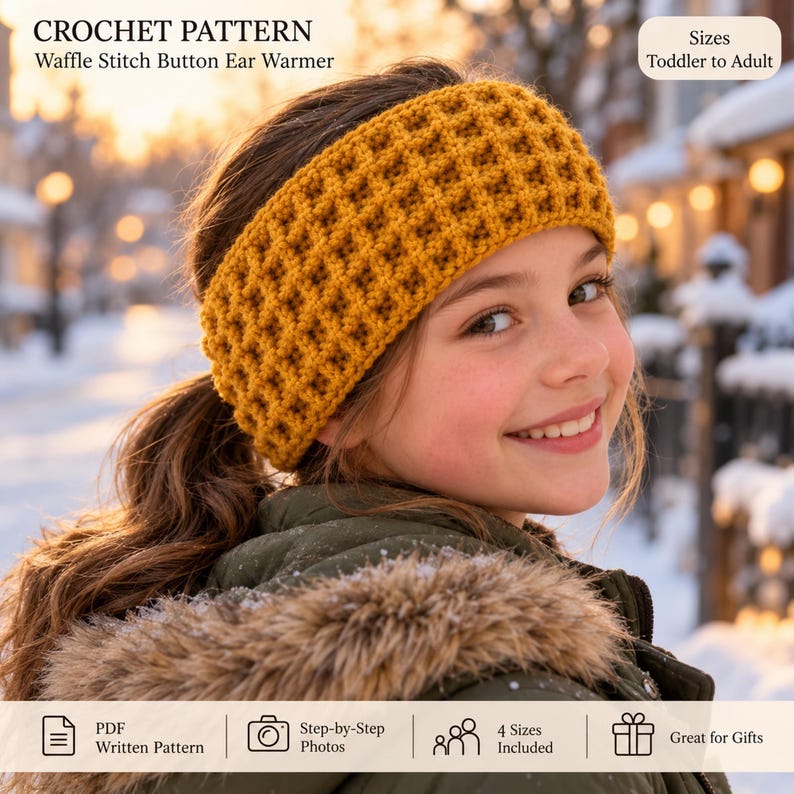 Waffle Stitch Ear Warmer Crochet Pattern PDF, Button Headband With ...