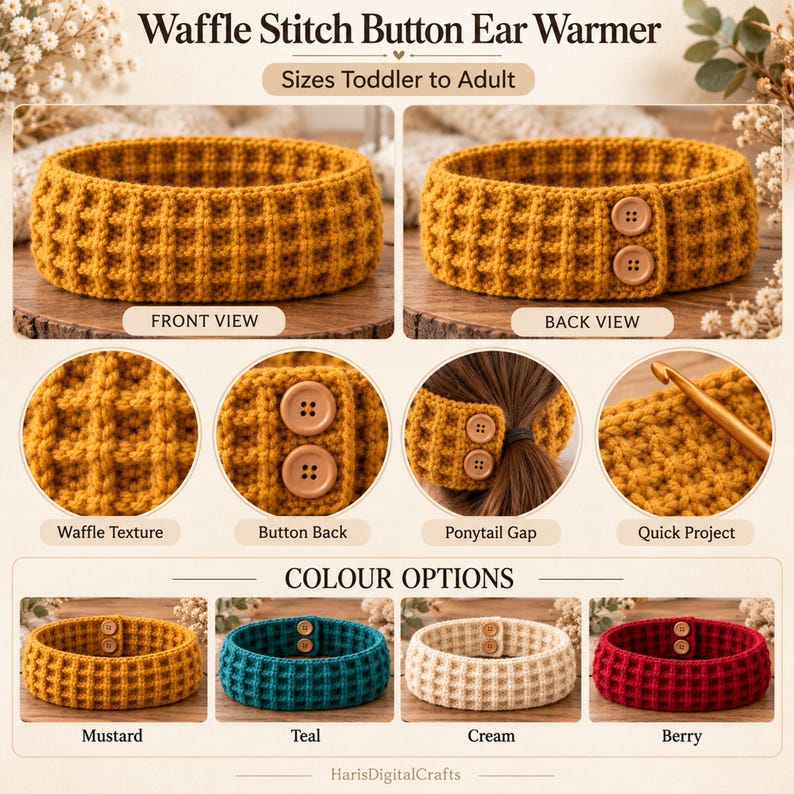 Waffle Stitch Ear Warmer Crochet Pattern PDF, Button Headband With ...