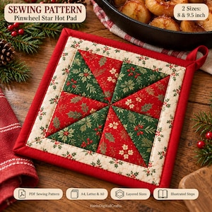 Pot Holder Sewing Pattern PDF, Pinwheel Quilted Hot Pad with Binding, Patchwork Christmas Potholder, 8 and 9.5 inch, Beginner Quilt