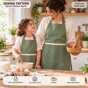 Peut inclure: Un patron de couture pour un tablier de cuisine Clover en tailles enfant et adulte. Le patron inclut des fichiers PDF pour impression A4 et A0, 6 tailles et des étapes illustrées. Le tablier est vert sauge avec une bordure de poche crème.
