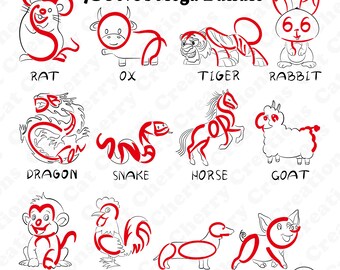 Pakiet PNG chińskiego zodiaku w języku angielskim, 12-znakowy obrazek ze słowem „znak zodiaku”, typografia na Nowy Rok Księżycowy, projekt POD, wykorzystanie komercyjne