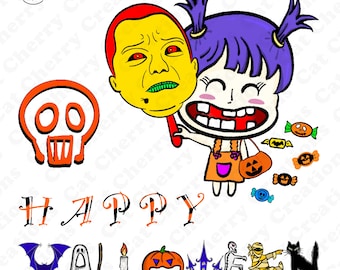 Uroczy zestaw clipartów z alfabetem na Halloween w formacie PNG, upiorne litery na Halloween z uroczymi dziewczynami i elementami cukierków, cyfrowe pobieranie do użytku komercyjnego