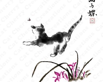 Chińskie rysunki kotów i motyli w tuszu PNG, pakiet sztuki zen Sumi-e Orchidea, cyfrowe pobieranie kotów w stylu azjatyckim do użytku komercyjnego