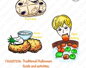 Pakiet tradycyjnych halloweenowych clipartów z jedzeniem w formacie PNG, elementy ciast dusznych i pływających jabłek, grafika jesiennego jedzenia do pobrania w wersji cyfrowej do użytku komercyjnego