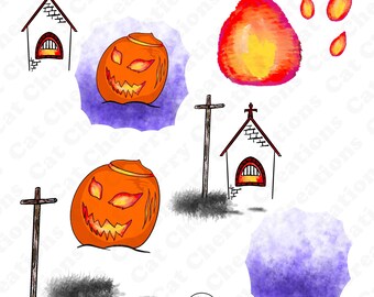 Straszny pakiet clipartów z dyniami na Halloween w formacie PNG, elementy płomienia nawiedzonego kościoła, latarnia Jack o Lantern, cyfrowe pobieranie do użytku komercyjnego
