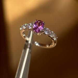 Lab grown Pink ruby 14K Gold Ring, Vintage Inspired Floral Engagement Ring, Sparkling Side Stones, Romantic Statement Ring