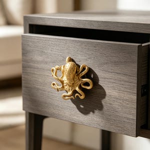 Könnte beinhalten: Eine dunkelgraue Holzschublade mit einem goldfarbenen Metallknauf in Form eines Oktopus. Die Oktopusfigur ist mittig auf der Schubladenfront angebracht und zeigt detaillierte Tentakel sowie einen strukturierten Kopf als funktionaler Griff.