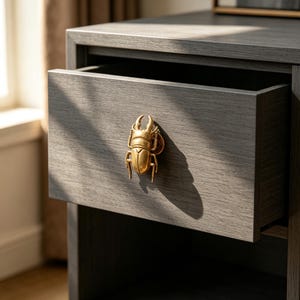 May include: A dark gray wooden nightstand featuring a single drawer with a prominent gold-toned beetle-shaped handle. The drawer is partially open, revealing the wood grain texture and the metallic finish of the insect-shaped hardware.