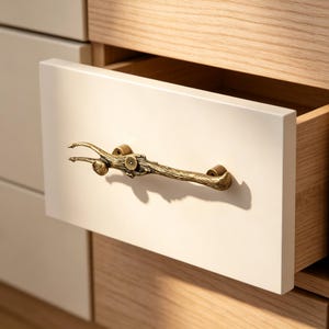 May include: A drawer handle made of antique brass with a textured, organic branch-like design. The handle is mounted horizontally on a smooth, matte off-white drawer front, which is part of a light-colored wooden cabinet unit with open drawers.