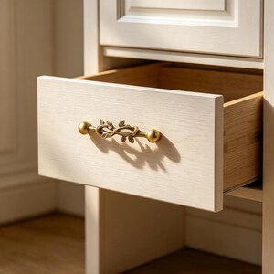 May include: A light cream-colored wooden drawer pulled open, featuring a horizontal brass-toned metal handle with a decorative vine and leaf pattern. The drawer interior is made of light-colored wood, and the exterior has a visible wood grain.