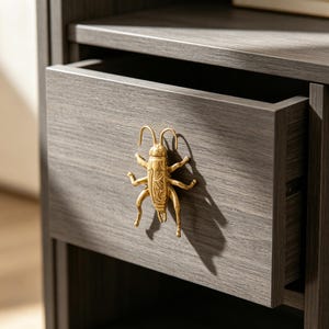 May include: A dark gray wood-grain drawer front featuring a metallic gold-toned insect-shaped handle. The handle is shaped like a cricket or grasshopper with detailed etched lines on its body, mounted centrally on the flat rectangular drawer face.