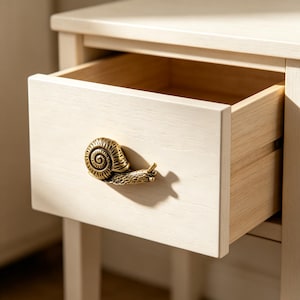 May include: A light-colored wooden drawer featuring a metallic, antique brass-toned snail-shaped handle. The drawer is partially pulled open, revealing the interior wood grain construction and the detailed, textured shell of the snail knob.